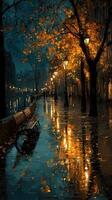 Evening stroll along a wet pathway lined with glowing street lamps and autumn trees in a lively urban setting photo