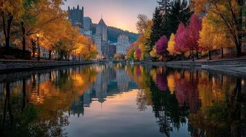 Autumn colors reflecting in the water of a serene park in Pittsburgh during sunset photo