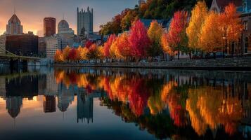 Colorful autumn trees reflecting in calm river near city skyline at sunset in Pittsburgh photo
