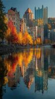 Autumn colors reflecting in the river with city skyline backdrop in Pittsburgh during golden hour photo