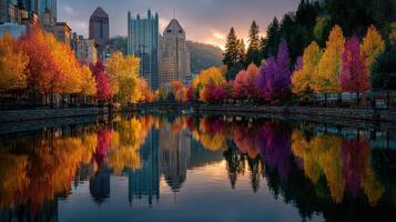 Colorful autumn foliage reflecting on a serene river with skyscrapers in the background during sunset in Pittsburgh photo