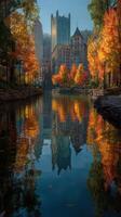 Colorful autumn reflections in city park with skyline in background on a clear day photo