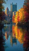 City skyline reflects in river during autumn season with vibrant trees in Pittsburgh photo