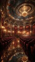 Opulent theatrical interior with chandeliers and red velvet seating, reflecting beauty at sunset photo