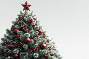 Christmas tree adorned with red ornaments and shining star top surrounded by falling snowflakes in a cozy setting photo