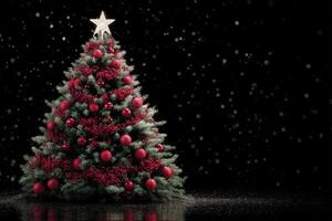 Beautifully decorated Christmas tree sparkling with red ornaments and a star on top against a dark backdrop creating a festive atmosphere photo
