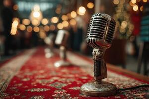 Classic retro microphones arranged on a vibrant red carpet with blurred warm lights in a lively indoor venue photo