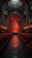 Elegant theater interior featuring red velvet seats and a crimson stage curtain before a dramatic performance photo