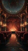 Luxurious theater interior with ornate decor and golden lights creating an inviting ambiance for performances photo