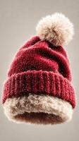 Cozy red winter hat with fluffy pom pom floating against a neutral background photo