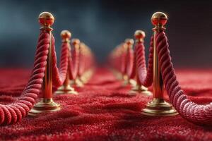 Red carpet with velvet ropes and golden stanchions creates an elegant entry for a prestigious event or celebration at night photo