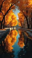 Golden autumn leaves reflecting on serene water in a picturesque canal setting with vibrant trees lining the pathway photo