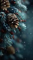 Winter decorations feature snowy pine cones and frosted branches against a deep blue background in a cozy setting photo