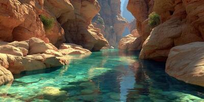 Serene canyon with crystal clear water reflecting sunlight in a tranquil natural landscape photo