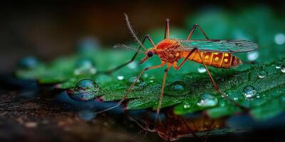Close-up view of a colorful mosquito resting on a leaf with water droplets at dawn photo