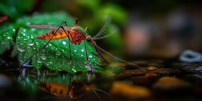Close-up view of a mosquito resting on a leaf near a reflective water surface in a natural setting photo