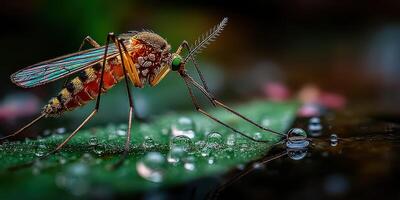 Close-up of a mosquito resting on a green leaf near droplets in a forest during early morning light photo