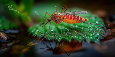 Colorful mosquito resting on a leaf near water droplets in a natural environment photo