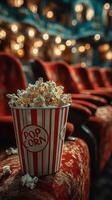 Popcorn bucket on vintage theater seat before a movie showing photo