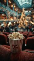 Cozy indoor atmosphere with popcorn in hand, bustling holiday crowd in the background photo