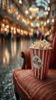 Popcorn bucket placed on a vintage chair in a lively hall decorated with warm lights during the evening photo