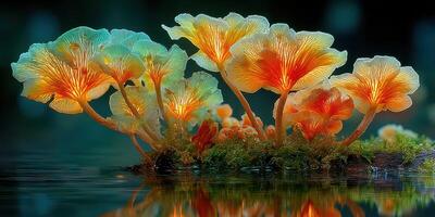 Bioluminescent mushrooms glowing on a tranquil water surface at dusk in a lush forest photo