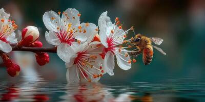 Bee visiting cherry blossoms by a serene body of water in springtime photo