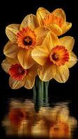 Vibrant daffodils with water droplets reflecting in a dark setting create a stunning floral arrangement photo