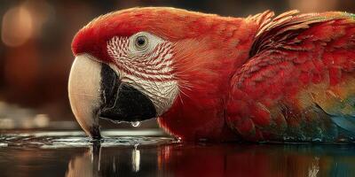 Vibrant red macaw sipping water in lush rainforest setting during golden hour photo