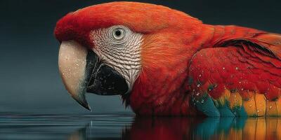 Vibrant red parrot perched near calm water in a serene natural setting during the early morning hours photo