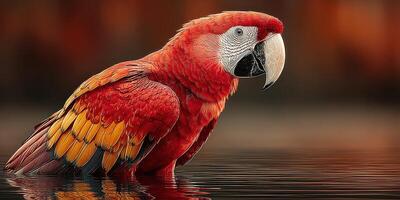 Vibrant scarlet macaw perched near calm waters at sunrise amidst lush vegetation photo