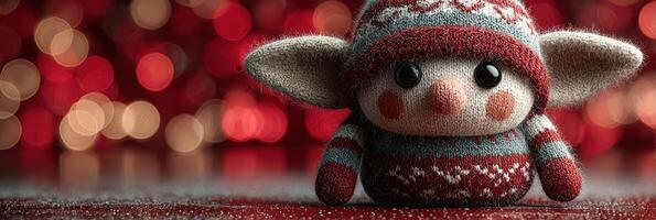 Charming handcrafted elf toy with red and blue sweater on a festive background during the holiday season photo