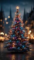 Beautifully lit Christmas tree adorned with colorful lights in a festive urban setting during winter evening photo