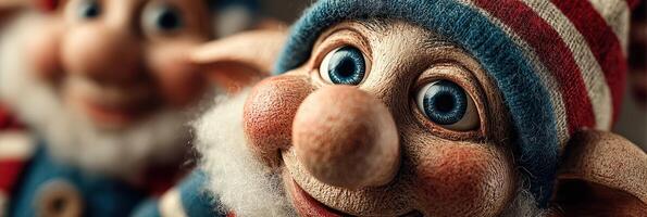 Cheerful gnomes with expressive faces in winter hats celebrating a joyful moment indoors during holiday festivities photo