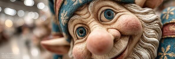 Detailed decorative gnome smiling cheerfully at a festive market during the holiday season photo