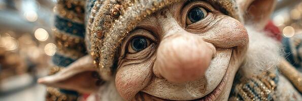 Sculpted elf figure with intricate details smiles warmly at onlookers in a festive setting during the holiday season photo