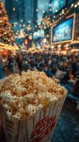 Popcorn served in a vibrant setting with bright lights and a bustling crowd during an evening event in the city square photo