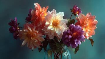 Colorful floral arrangement in a vase against an elegant blue backdrop during the afternoon light photo