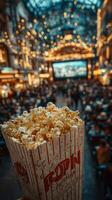 Enjoying popcorn at a bustling cinema during a movie night with vibrant lights and an engaged audience photo