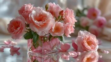 Delicate pink roses arranged in a glass vase on a reflective surface in a softly lit setting photo