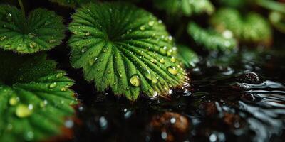 Close-up view of vibrant green leaves with raindrops reflecting sunlight near a tranquil water surface photo