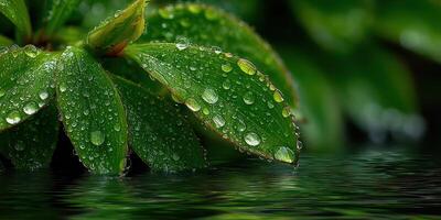 Close-up view of dew-covered green leaves reflecting in calm water during early morning sunlight photo