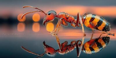 Close-up view of a vibrant ant reflecting on a surface during sunset in a natural setting photo