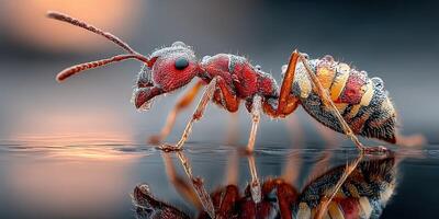 Close-up view of an ant covered in dew drops, showcasing its intricate features and reflections on a smooth surface during the early morning photo
