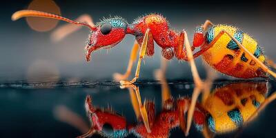 Colorful ant with vibrant patterns and reflective surface showing details in close-up capture during daytime photo