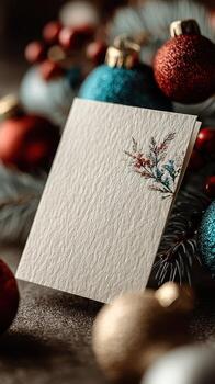 Elegant blank holiday card surrounded by colorful ornaments and pine branches in a cozy setting photo