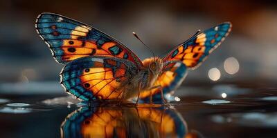 Colorful butterfly perched on water surface in a tranquil natural setting during golden hour photo