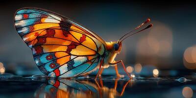 Colorful butterfly resting on a wet surface with shimmering droplets in soft light photo