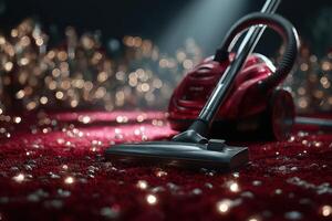 Vacuum cleaning a red carpet with decorative lights in the background during evening hours photo