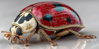Detailed close-up view of a ladybug showcasing vibrant colors and unique patterns on its shell photo